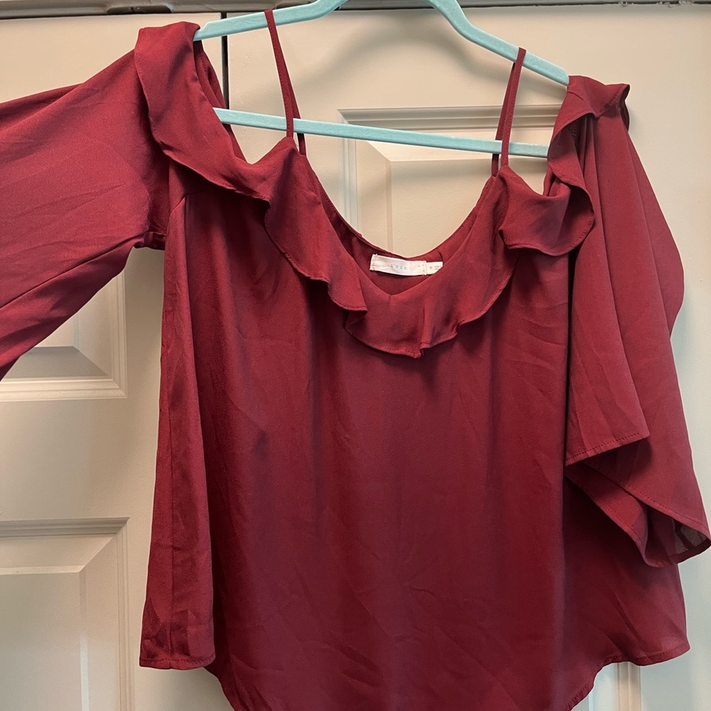 Women's Burgundy Ruffle Top - Picture 5 of 6